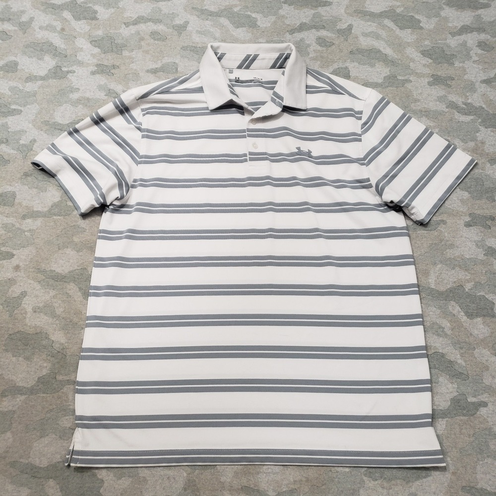 Under Armour Polo Shirt Mens Large Gray Heather Loose Short Sleeve Striped